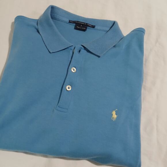 Ralph Lauren Sport Women's Large Aqua Long-Sleeved Polo 100% Cotton Yellow Logo - Picture 3 of 12